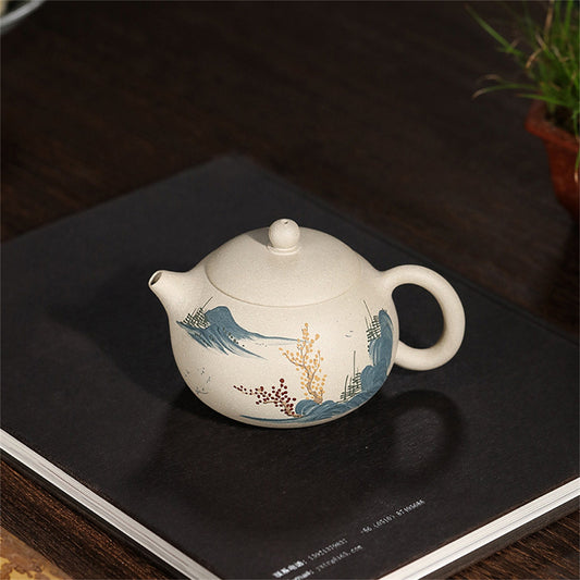 Zisha Teapot original mine white section purple sand pot pure handmade mud painted landscape Xishi pot Gift package