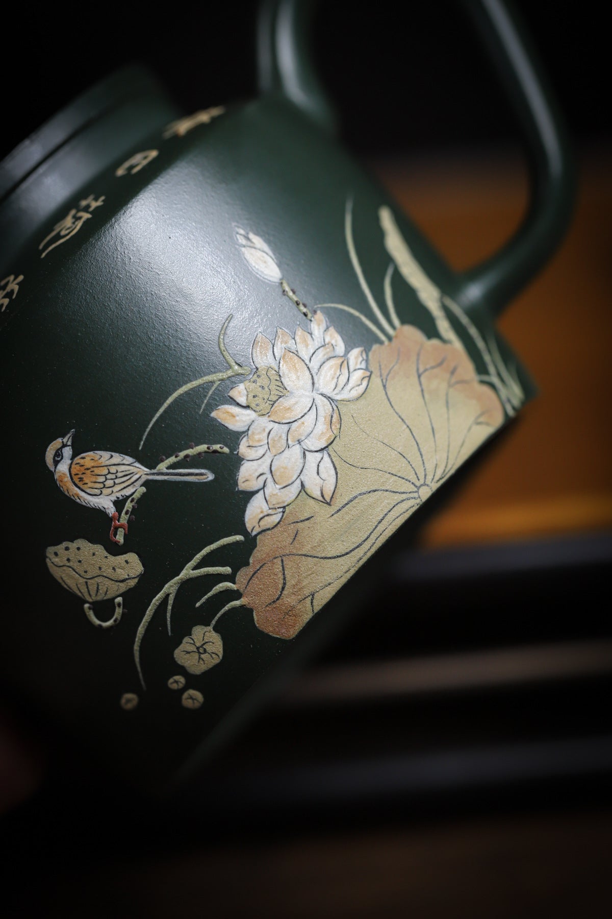 Lotus Rhyme Fanggu Teapot in Green Zisha Clay, 230 ml