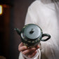 Lotus Rhyme Fanggu Teapot in Green Zisha Clay, 230 ml