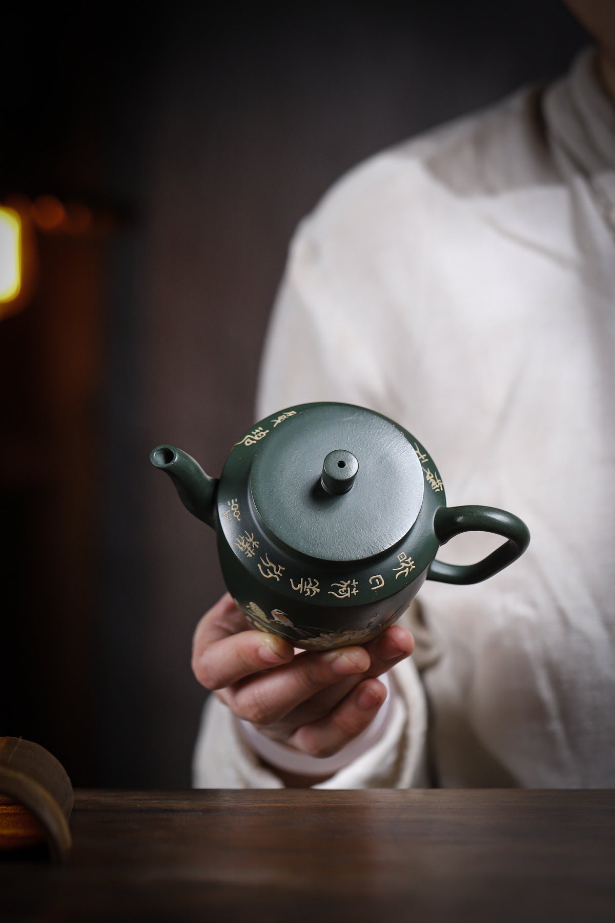 Lotus Rhyme Fanggu Teapot in Green Zisha Clay, 230 ml