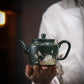 Lotus Rhyme Fanggu Teapot in Green Zisha Clay, 230 ml