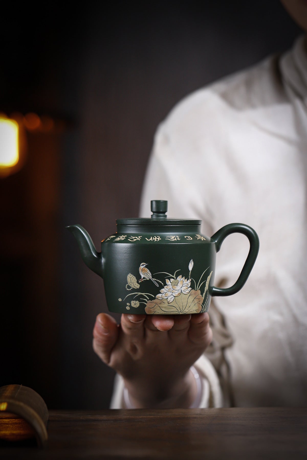 Lotus Rhyme Fanggu Teapot in Green Zisha Clay, 230 ml