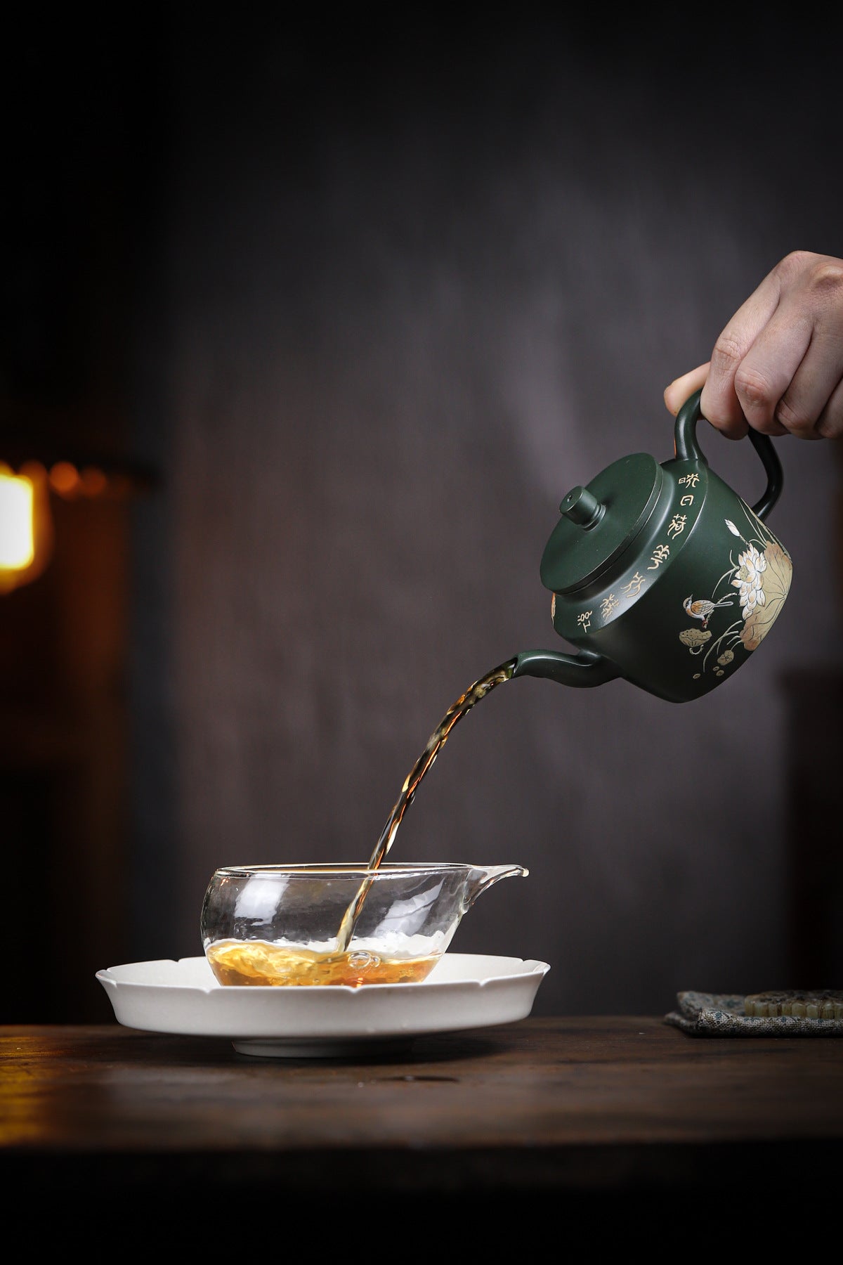 Lotus Rhyme Fanggu Teapot in Green Zisha Clay, 230 ml