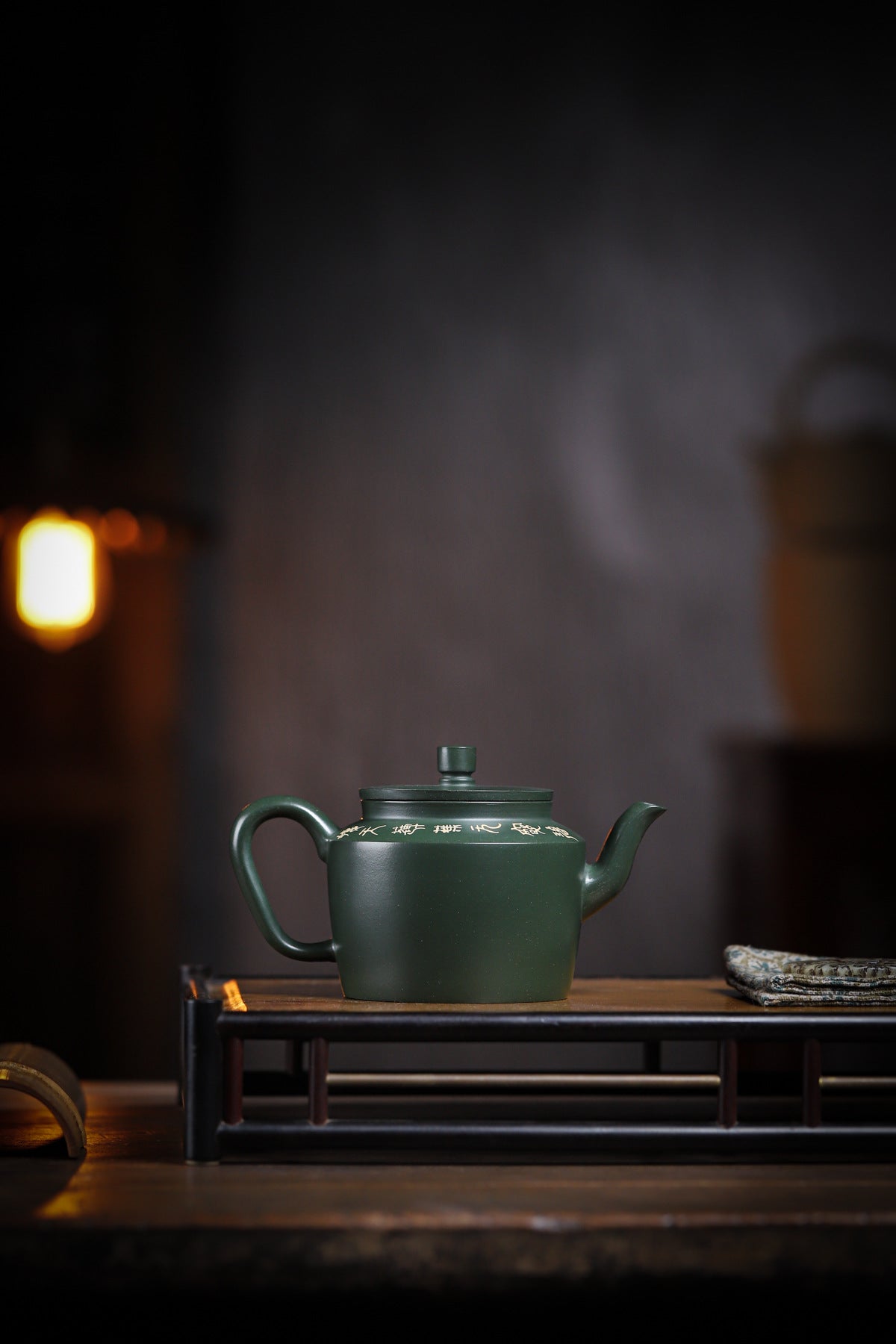 Lotus Rhyme Fanggu Teapot in Green Zisha Clay, 230 ml