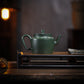 Lotus Rhyme Fanggu Teapot in Green Zisha Clay, 230 ml
