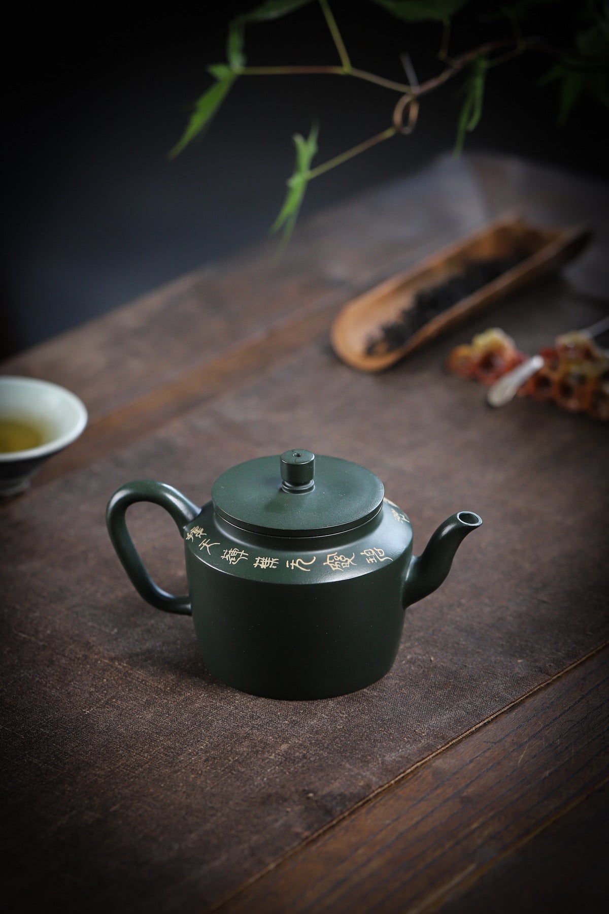Lotus Rhyme Fanggu Teapot in Green Zisha Clay, 230 ml