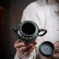 Lotus Rhyme Fanggu Teapot in Green Zisha Clay, 230 ml
