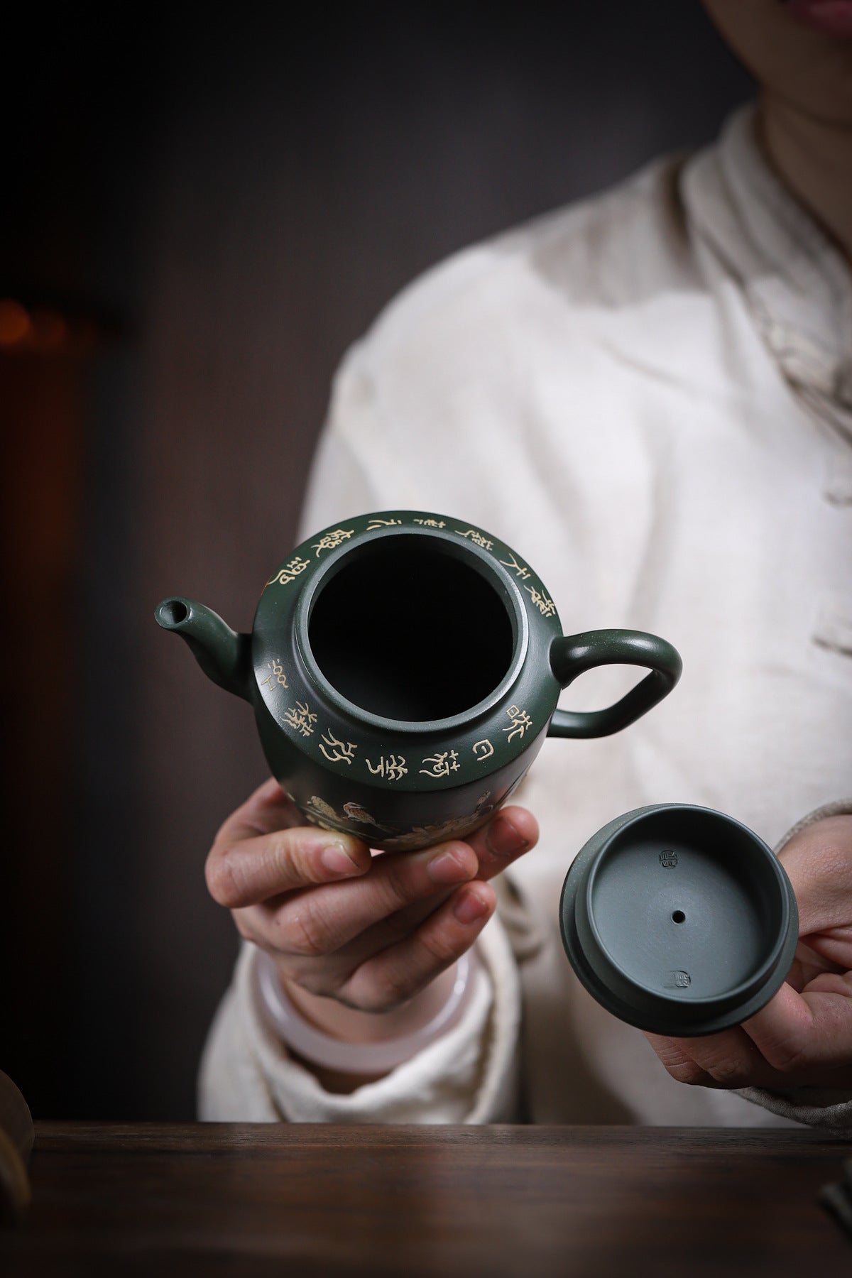 Lotus Rhyme Fanggu Teapot in Green Zisha Clay, 230 ml