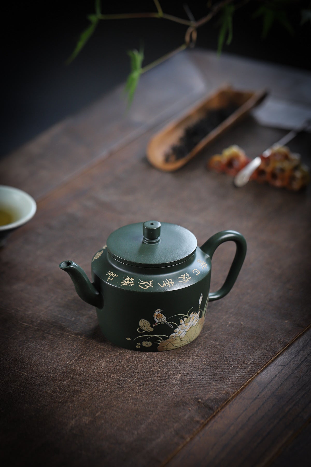 Lotus Rhyme Fanggu Teapot in Green Zisha Clay, 230 ml