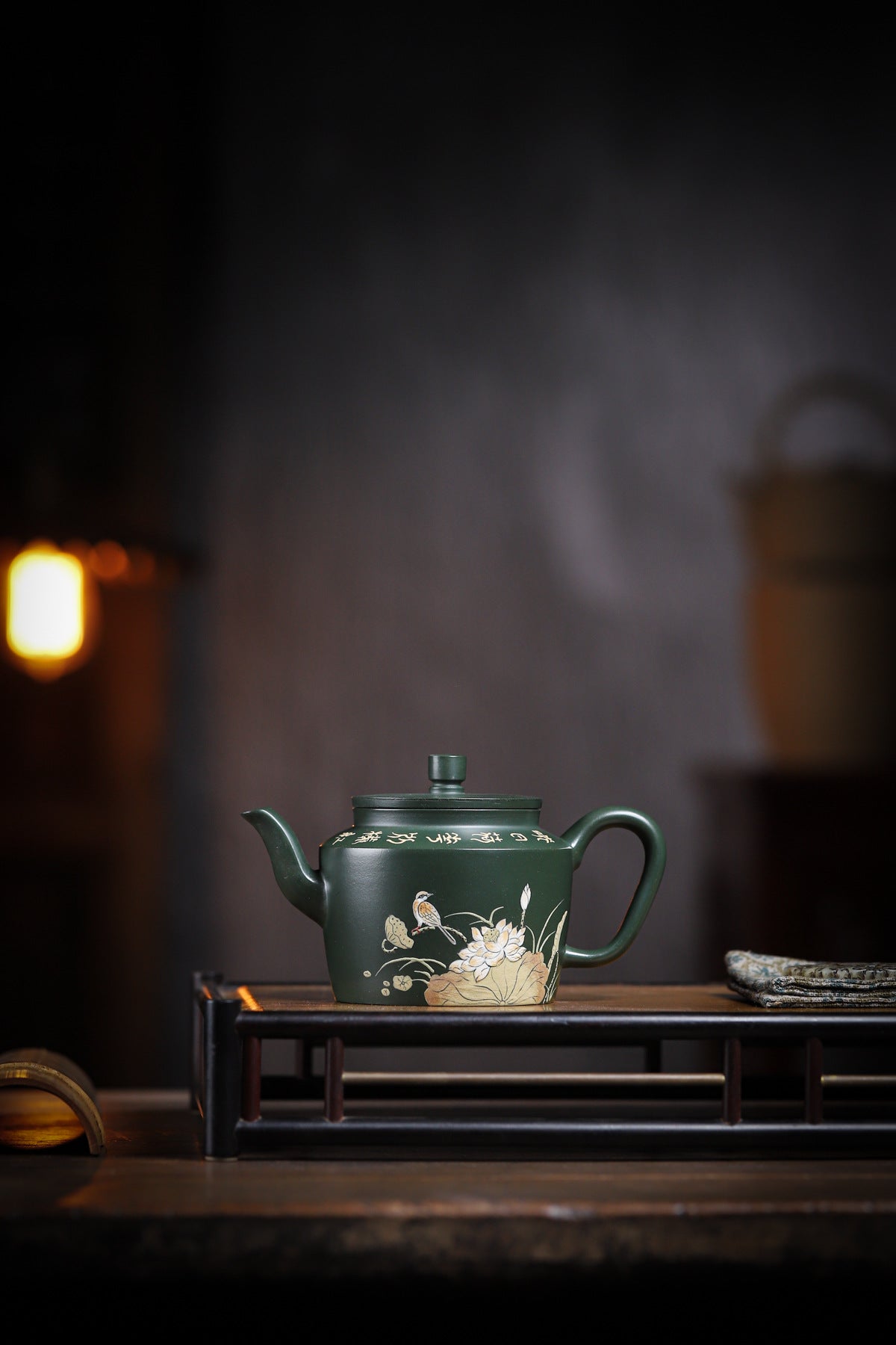 Lotus Rhyme Fanggu Teapot in Green Zisha Clay, 230 ml