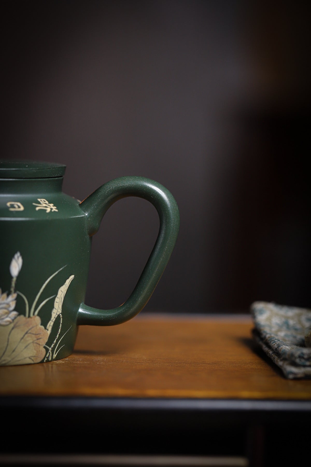 Lotus Rhyme Fanggu Teapot in Green Zisha Clay, 230 ml