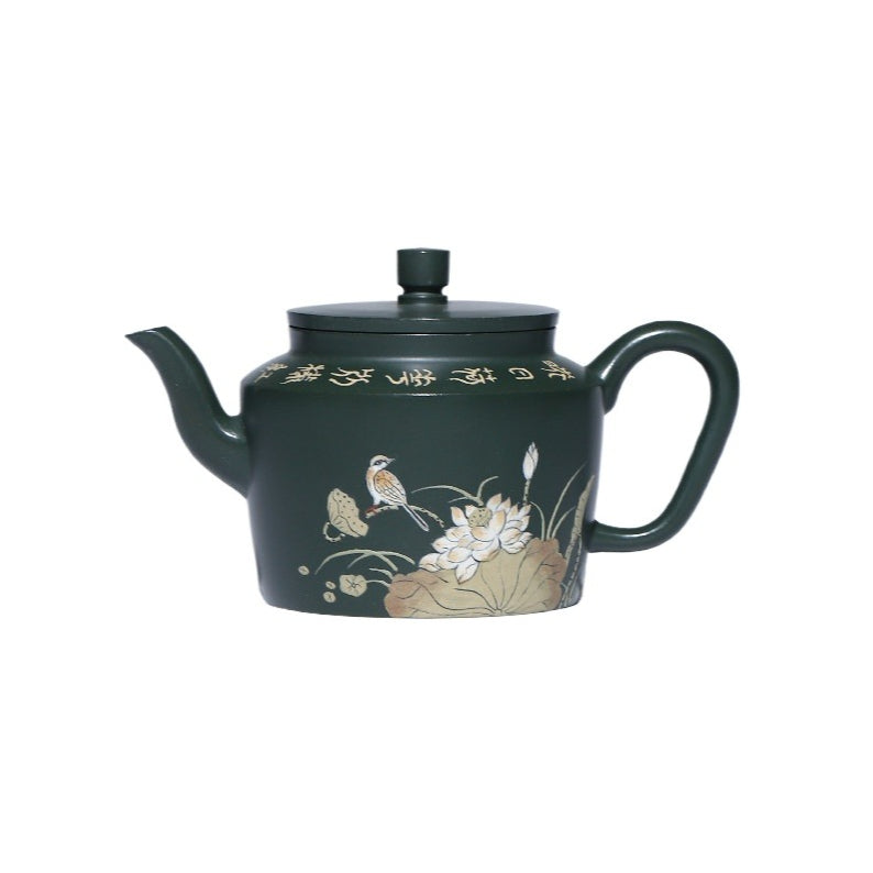 Lotus Rhyme Fanggu Teapot in Green Zisha Clay, 230 ml