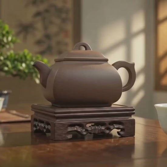 Yixing Zisha teapot in a peaceful tea setting with warm sunlight, a tea cup and green plant