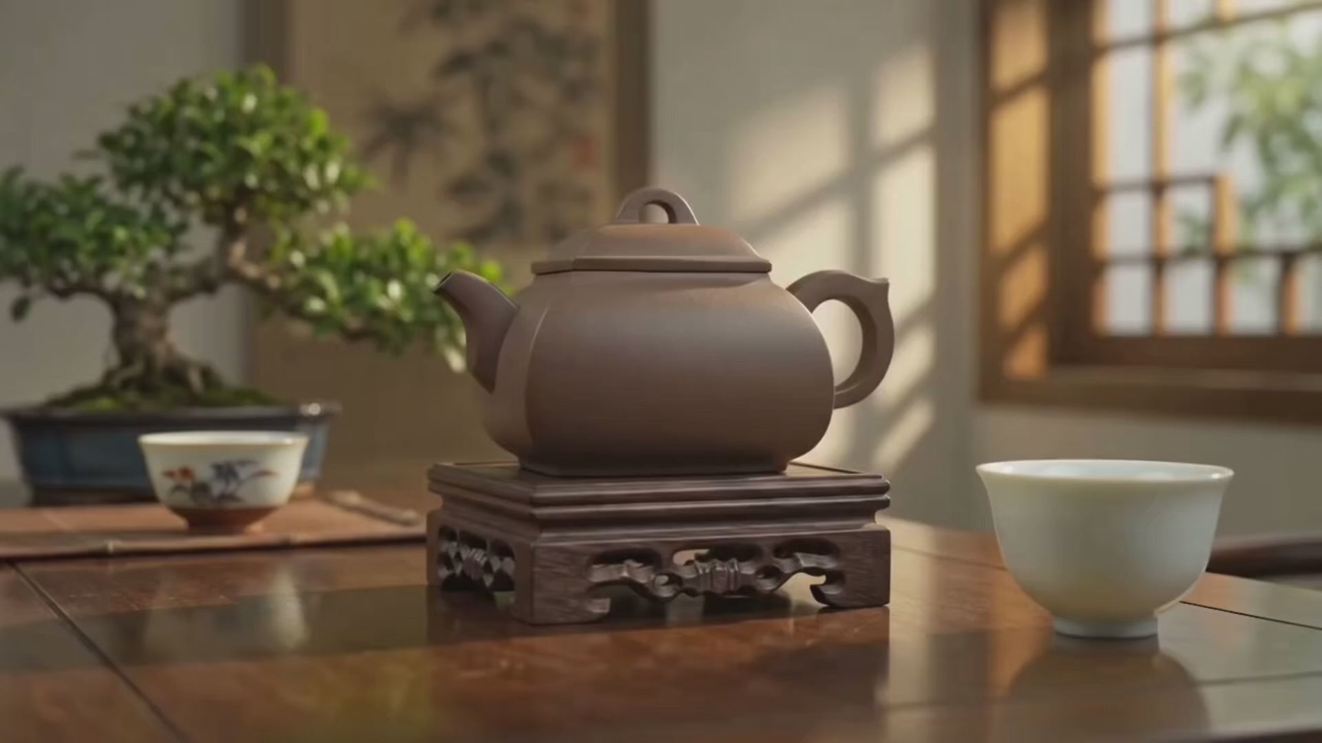 Yixing Zisha teapot in a peaceful tea setting with warm sunlight, a tea cup and green plant